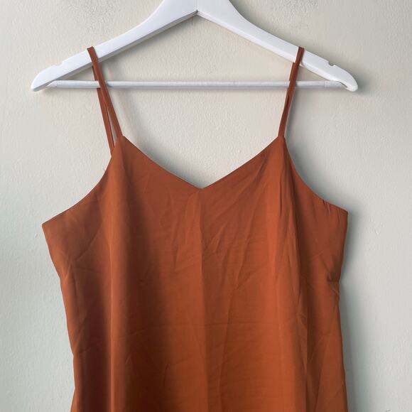 The Open Satin Silky Spaghetti Strap V-Neck Midi Dress in Burnt Orange -S - Picture 4 of 12